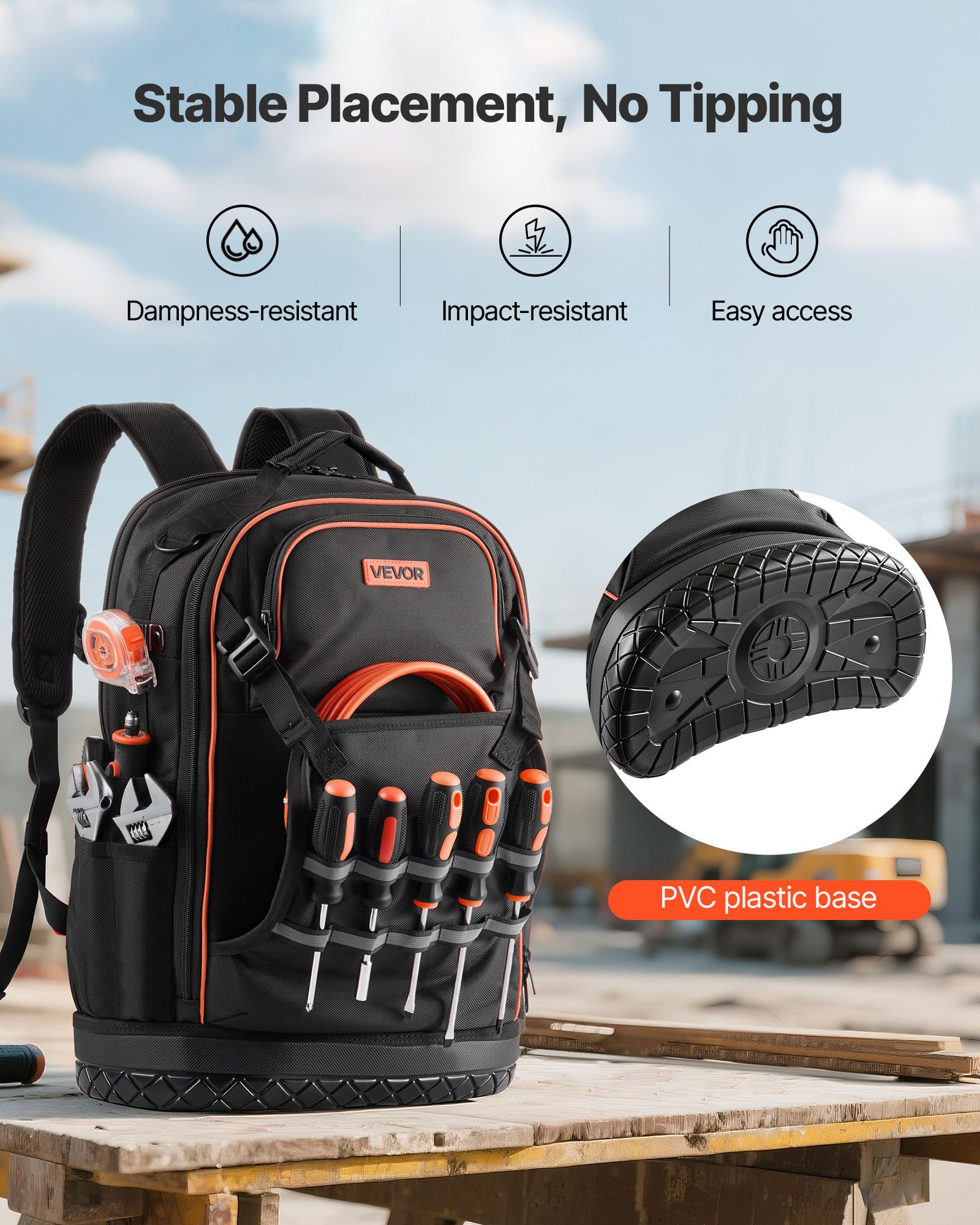 VEVOR Mochila para Herramientas, Mochila de Trabajo 370 x 195 x 520 mm con 65 Bolsillos, Compartimento para Portátil y Base Moldeada, Organizador de Herramientas para Electricistas, Reparadores