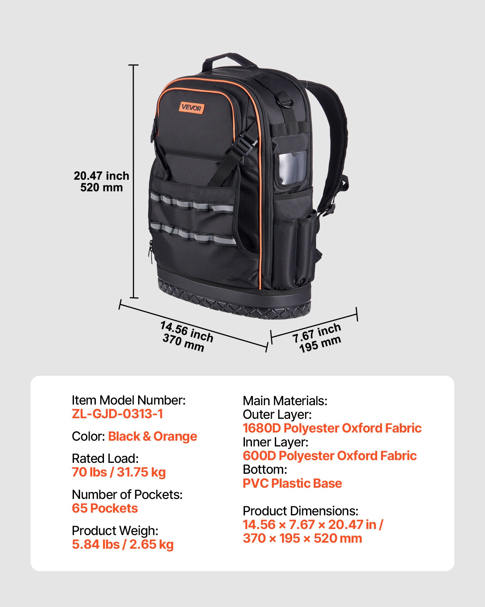 VEVOR Mochila para Herramientas, Mochila de Trabajo 370 x 195 x 520 mm con 65 Bolsillos, Compartimento para Portátil y Base Moldeada, Organizador de Herramientas para Electricistas, Reparadores
