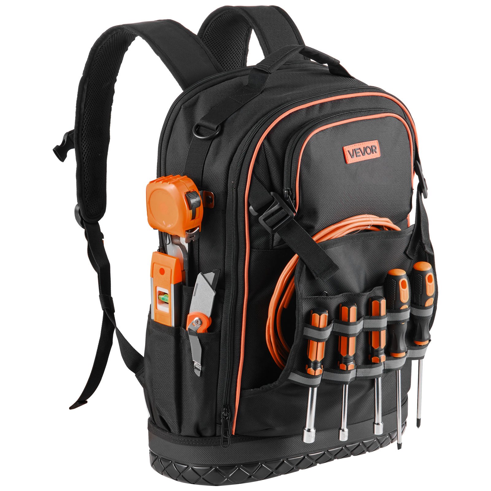 VEVOR Mochila para Herramientas, Mochila de Trabajo 370 x 195 x 520 mm con 65 Bolsillos, Compartimento para Portátil y Base Moldeada, Organizador de Herramientas para Electricistas, Reparadores