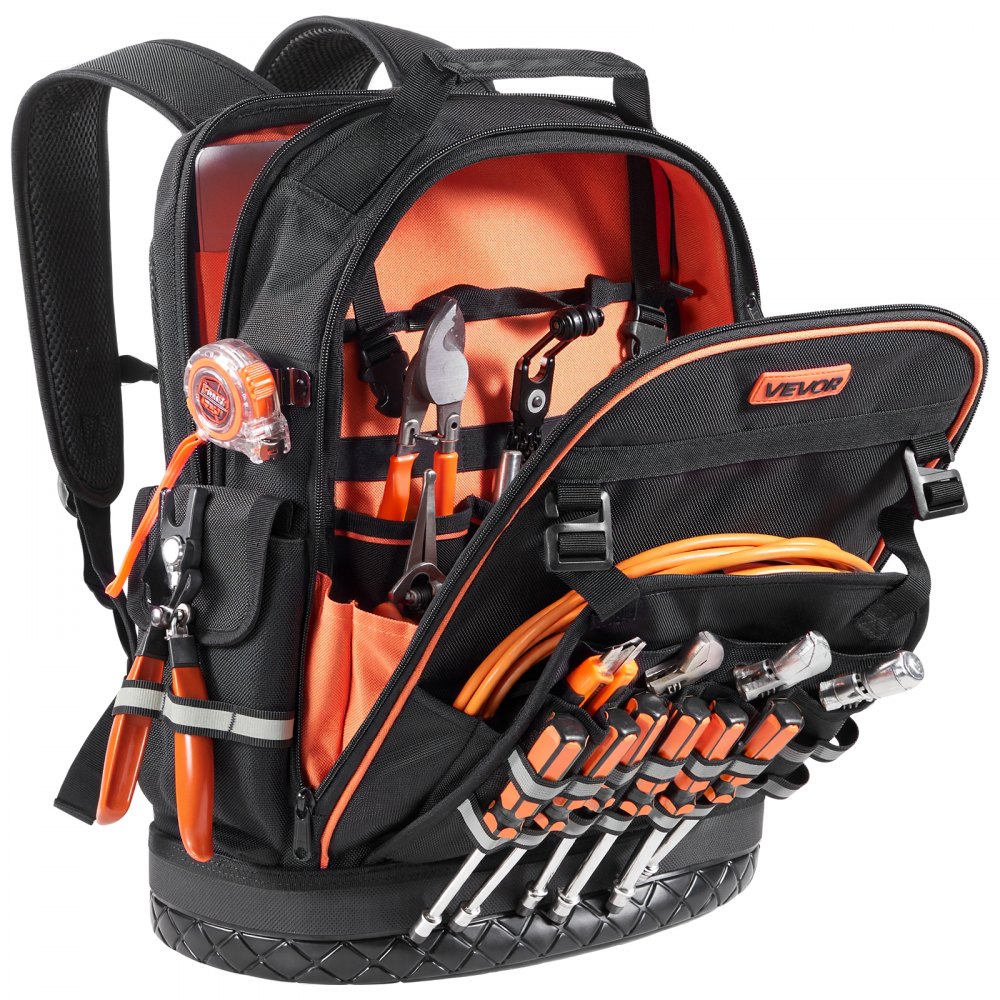 VEVOR Mochila para Herramientas, Mochila de Trabajo 365 x 195 x 470 mm con 64 Bolsillos, Compartimento para Portátil y Base Moldeada, Organizador de Herramientas para Electricistas, Reparadores