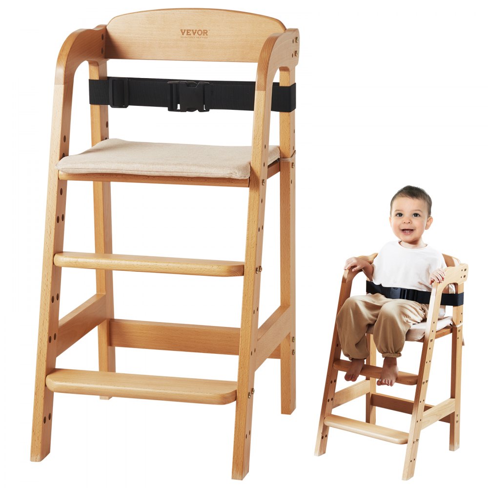 Trona de madera VEVOR con correa de seguridad y asiento acolchado junto a un niño sentado en una silla similar.