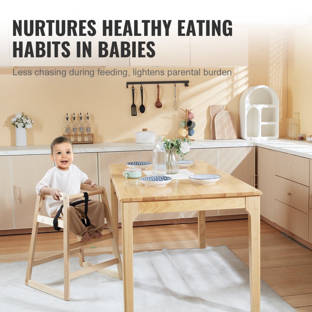 VEVOR Trona para Bebés y Niños Pequeños Silla de Alimentación de Madera Maciza Silla Portátil para Comer y Crecer Asiento Elevador Fácil de Limpiar con Arnés de Sujeción Seguro, Hogar, Guardería