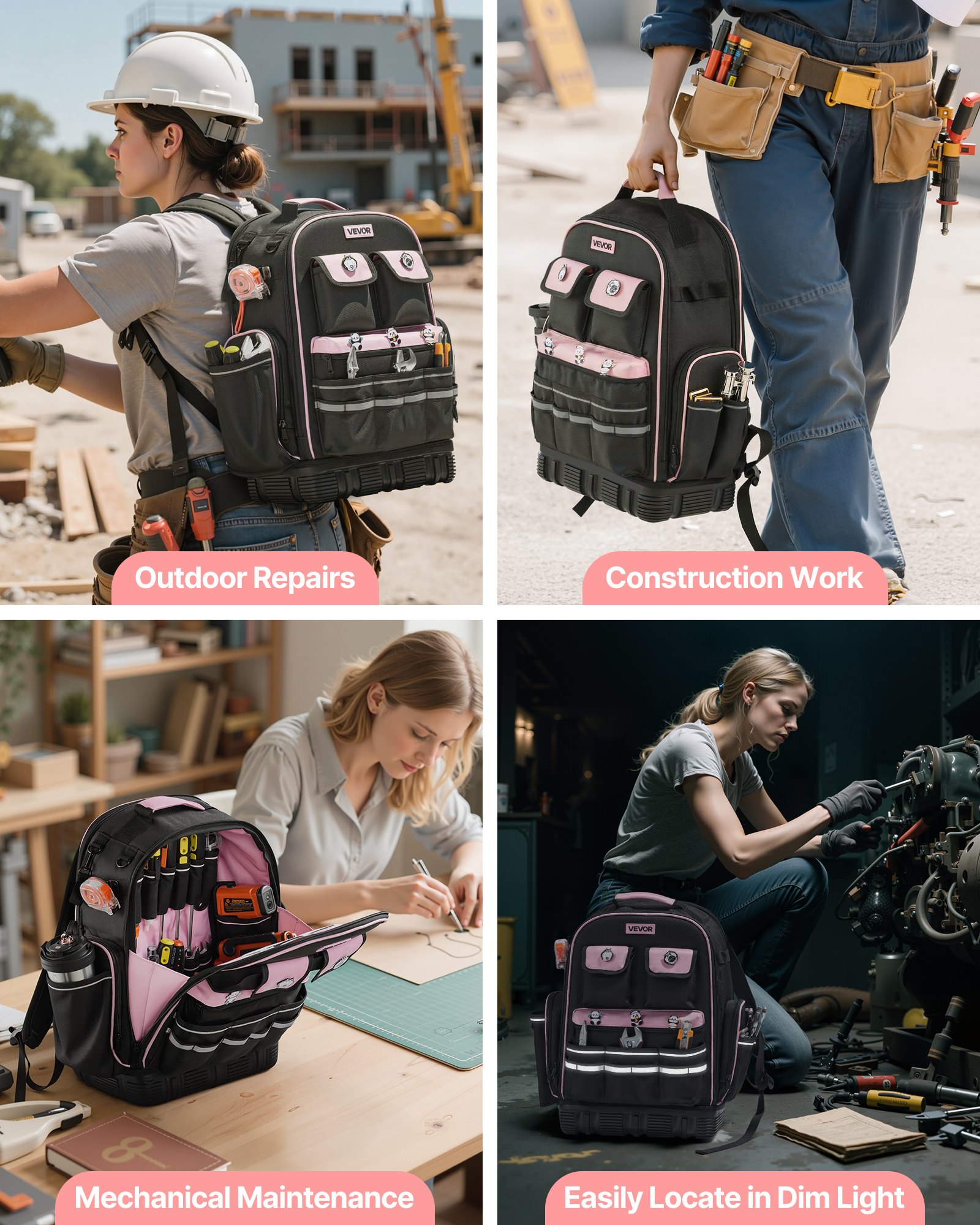 VEVOR Mochila para Herramientas, Mochila de Trabajo 330 x 200 x 490 mm con 56 Bolsillos, Compartimento para Portátil y Base Moldeada, Organizador de Herramientas para Electricistas, Reparadores