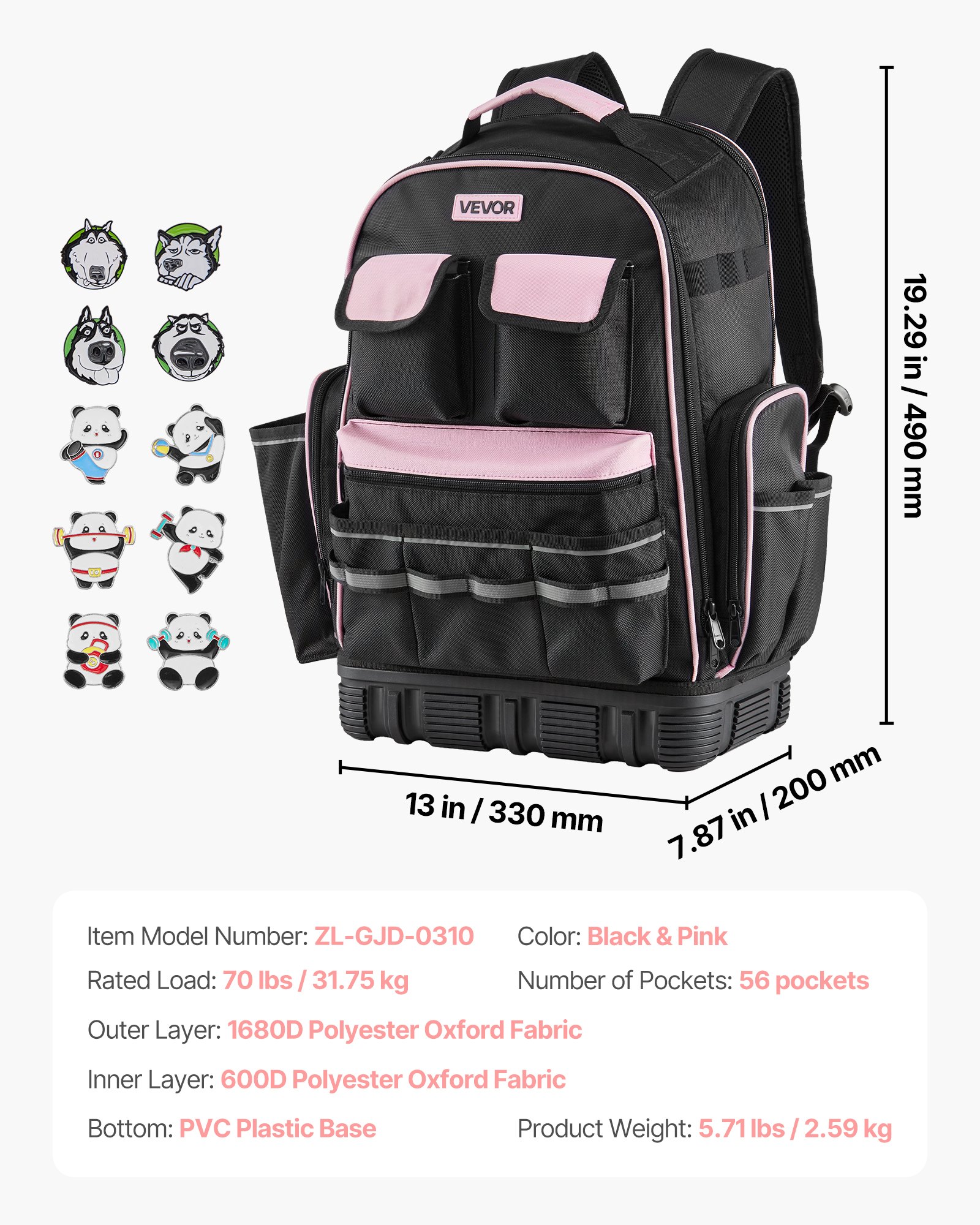 VEVOR Mochila para Herramientas, Mochila de Trabajo 330 x 200 x 490 mm con 56 Bolsillos, Compartimento para Portátil y Base Moldeada, Organizador de Herramientas para Electricistas, Reparadores