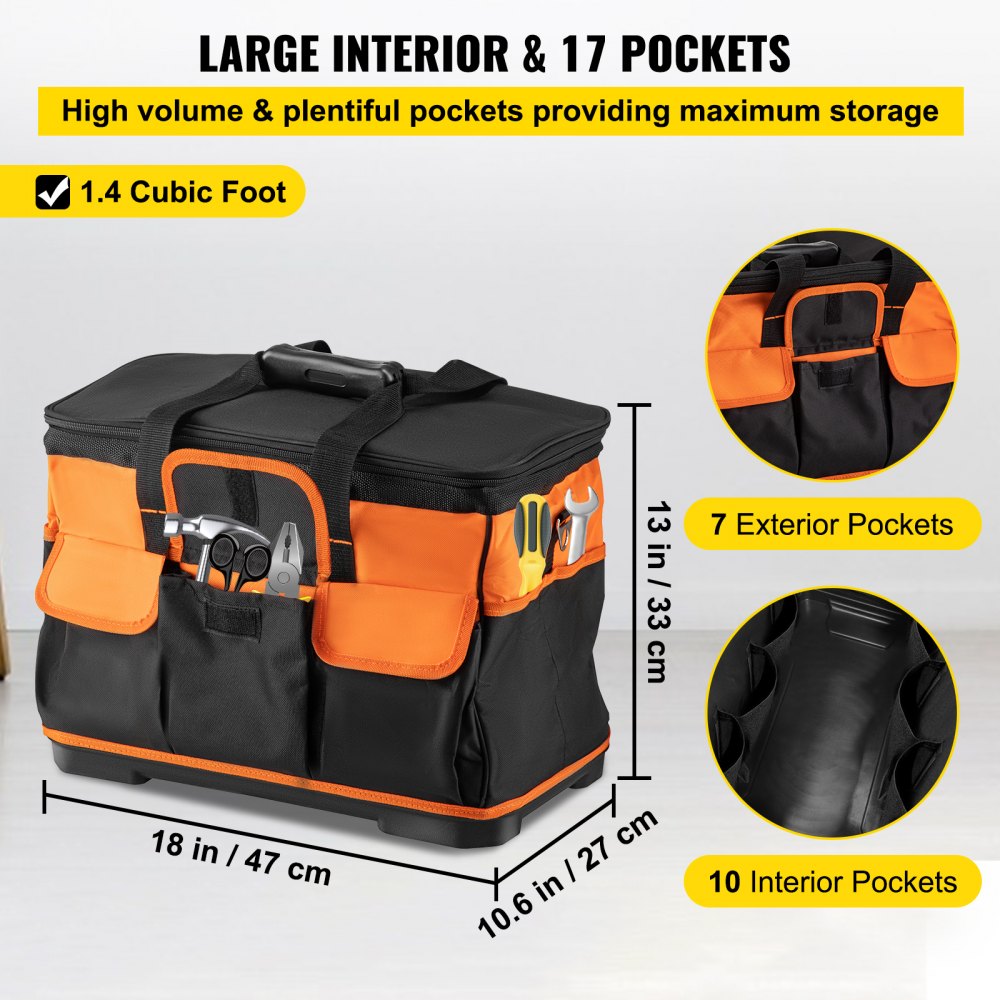 VEVOR Bolsa de Herramientas con Ruedas 47 x 27 x 33 cm Bolsa de Herramientas 1.4 Pies Cúbicos Caja de Herramientas de Rodillo Barras de Tracción Resistentes Asas Portátiles Prácticas Correas