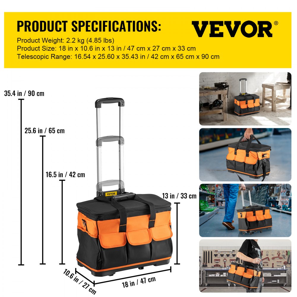 VEVOR Bolsa de Herramientas con Ruedas 47 x 27 x 33 cm Bolsa de Herramientas 1.4 Pies Cúbicos Caja de Herramientas de Rodillo Barras de Tracción Resistentes Asas Portátiles Prácticas Correas