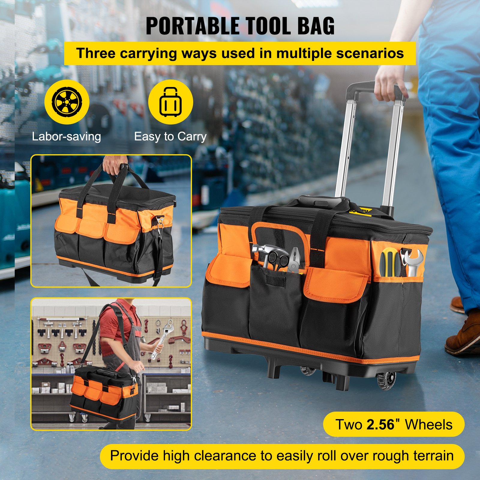VEVOR Bolsa de Herramientas con Ruedas 47 x 27 x 33 cm Bolsa de Herramientas 1.4 Pies Cúbicos Caja de Herramientas de Rodillo Barras de Tracción Resistentes Asas Portátiles Prácticas Correas