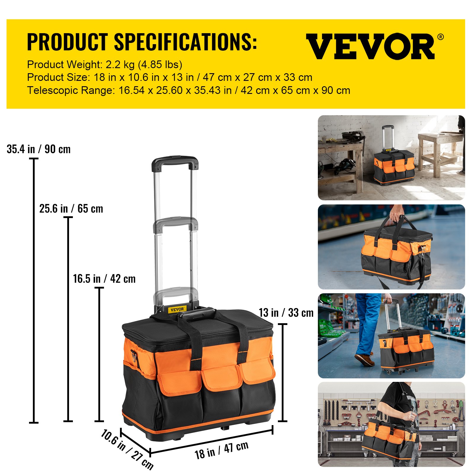 VEVOR Bolsa de Herramientas con Ruedas 47 x 27 x 33 cm Bolsa de Herramientas 1.4 Pies Cúbicos Caja de Herramientas de Rodillo Barras de Tracción Resistentes Asas Portátiles Prácticas Correas