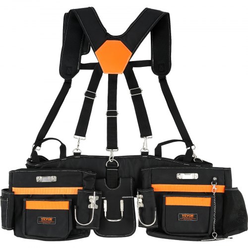 VEVOR Cinturón de Trabajo Herramientas con Tirantes 29 Bolsillos Cinturón de Cintura Ajustable 736,6-1371,6 mm de Poliéster 600D para Carpinteros Electricistas Fontaneros Bricolaje Jardinería, Negro