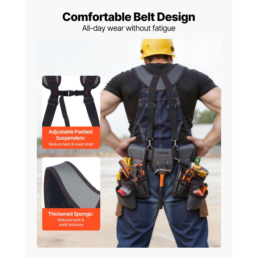 VEVOR Cinturón Portaherramientas para Profesionales, con 22 Bolsillos y Tirantes, Funda para Riñonera para Electricistas, Carpinteros y Obreros de la Construcción, Ajustable de 810 a 1730 mm