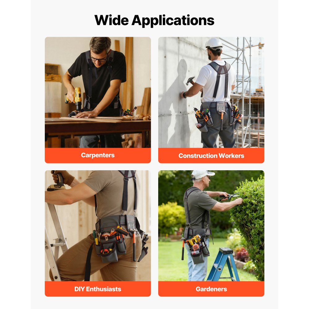 VEVOR Cinturón Portaherramientas para Profesionales, con 22 Bolsillos y Tirantes, Funda para Riñonera para Electricistas, Carpinteros y Obreros de la Construcción, Ajustable de 810 a 1730 mm