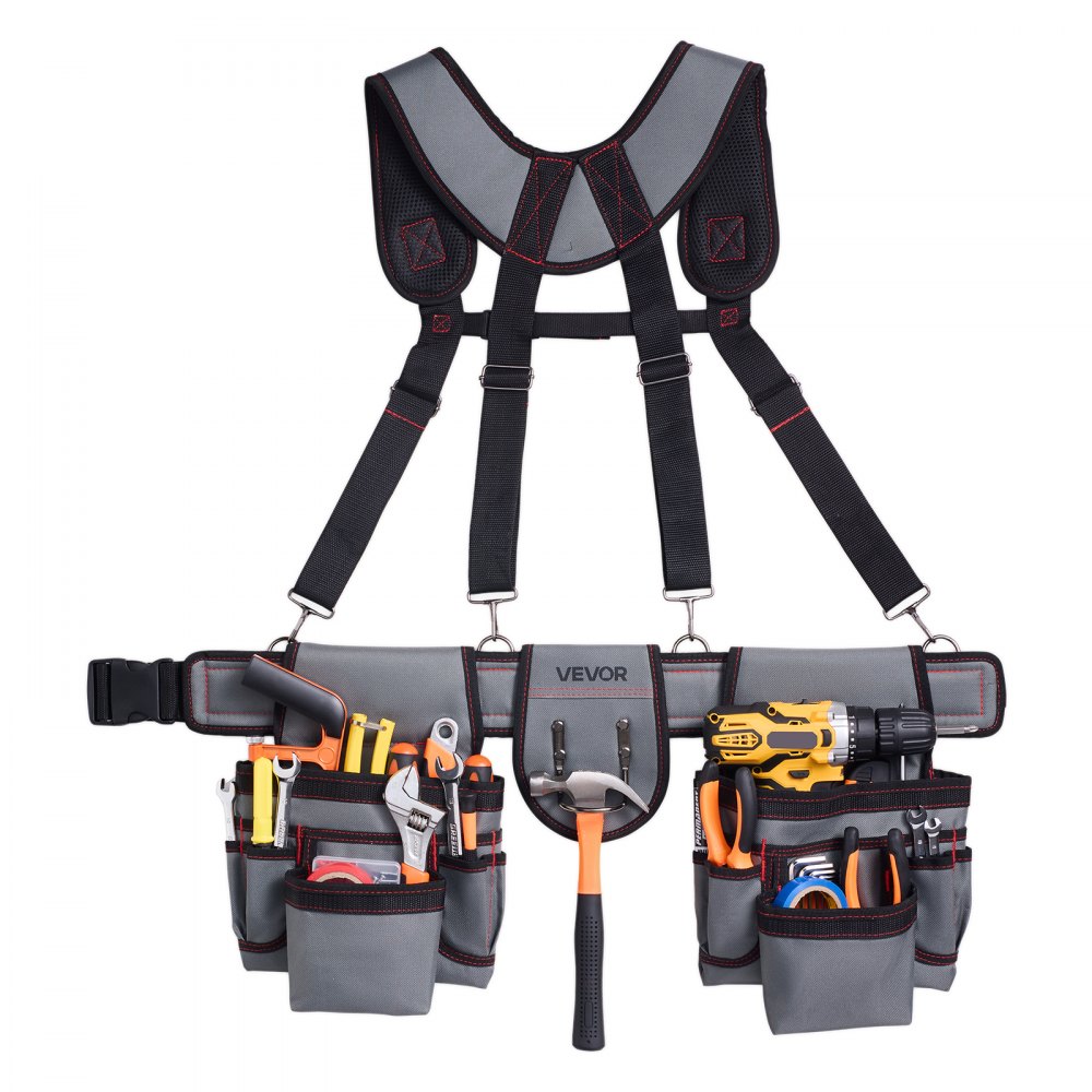 VEVOR Cinturón Portaherramientas para Profesionales, con 22 Bolsillos y Tirantes, Funda para Riñonera para Electricistas, Carpinteros y Obreros de la Construcción, Ajustable de 810 a 1730 mm