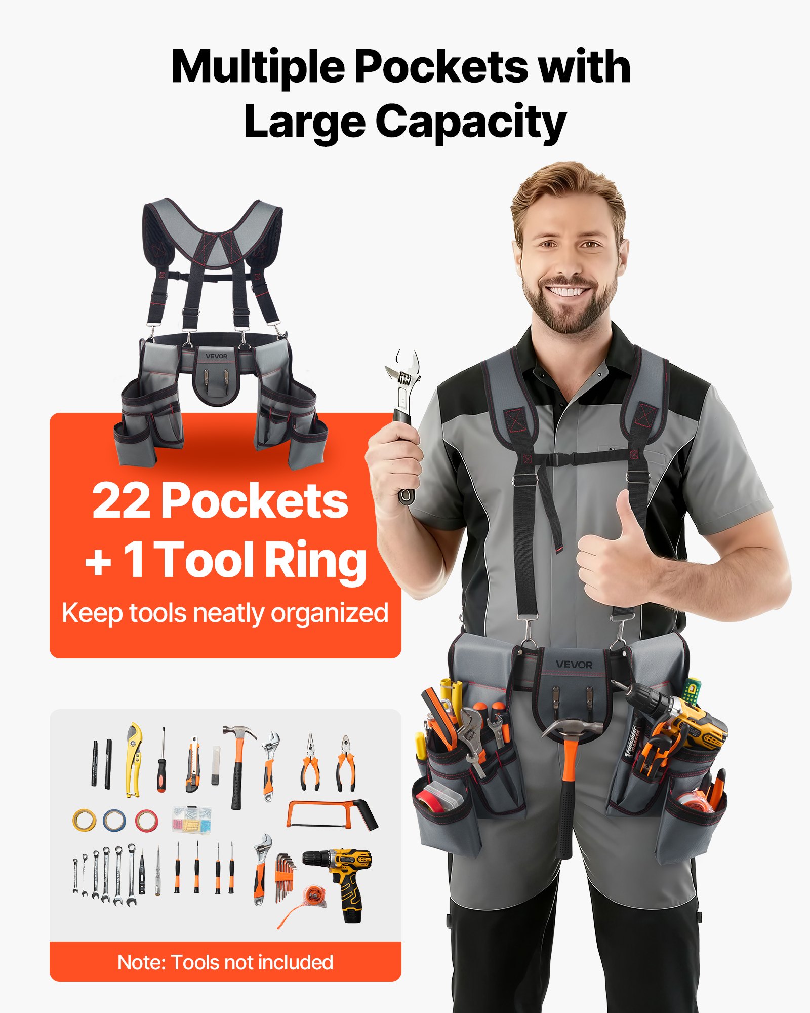 VEVOR Cinturón Portaherramientas para Profesionales, con 22 Bolsillos y Tirantes, Funda para Riñonera para Electricistas, Carpinteros y Obreros de la Construcción, Ajustable de 810 a 1730 mm