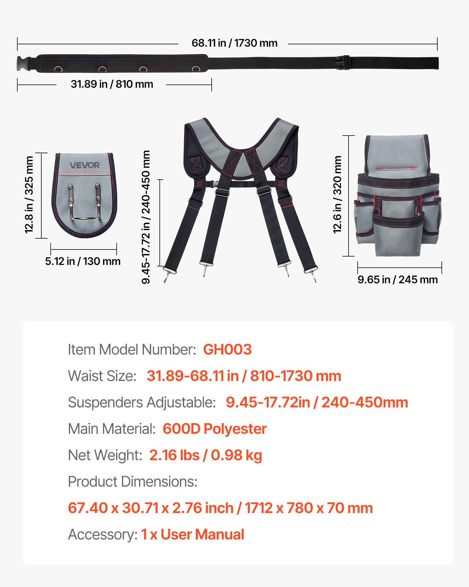 VEVOR Cinturón Portaherramientas para Profesionales, con 22 Bolsillos y Tirantes, Funda para Riñonera para Electricistas, Carpinteros y Obreros de la Construcción, Ajustable de 810 a 1730 mm