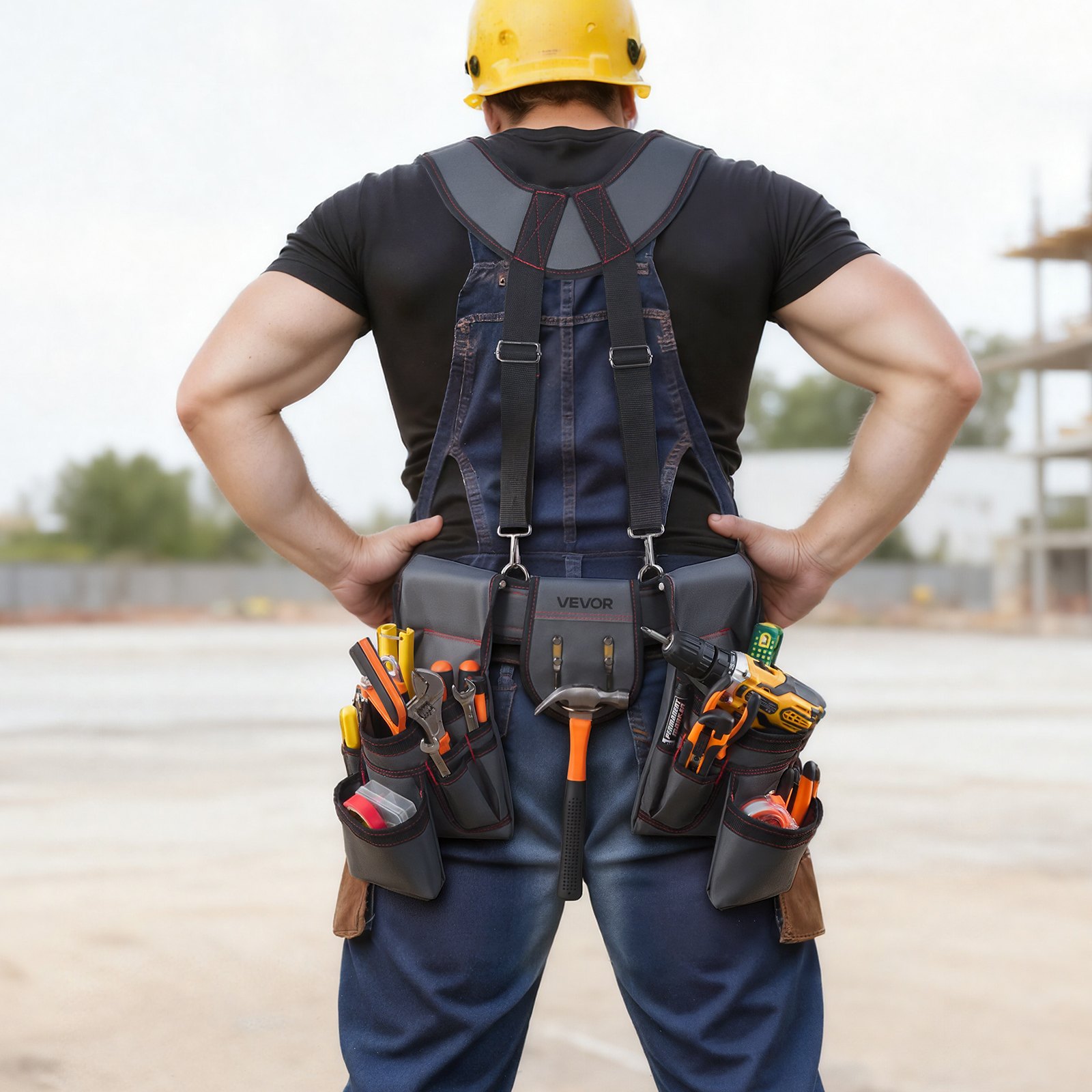 VEVOR Cinturón Portaherramientas para Profesionales, con 22 Bolsillos y Tirantes, Funda para Riñonera para Electricistas, Carpinteros y Obreros de la Construcción, Ajustable de 810 a 1730 mm
