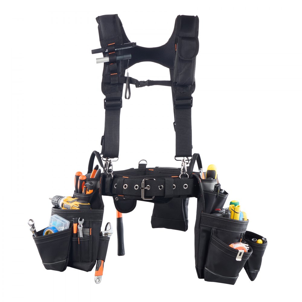 VEVOR Cinturón Portaherramientas para Profesionales, con 19 Bolsillos y Tirantes, para Electricistas, Carpinteros y Trabajadores de la Construcción, Ajustable de 800 a 1310 mm, Poliéster 600D