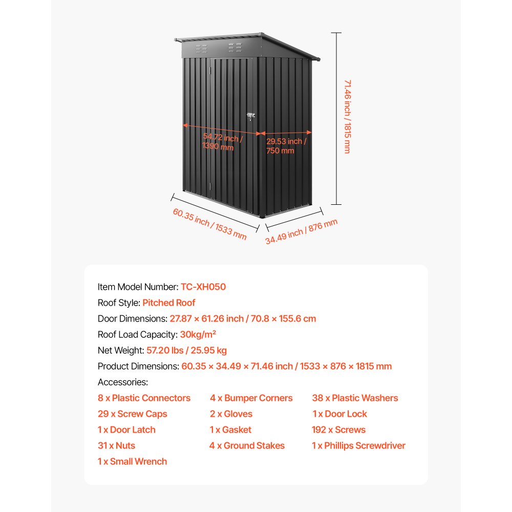 VEVOR Cobertizo Metálico para Herramientas, Caseta de Almacenamiento Exterior 1533 x 876 x 1815 mm con Puerta con Cerradura y 2 Ranuras de Ventilación, para Guardar Herramientas, Bicicletas, Gris