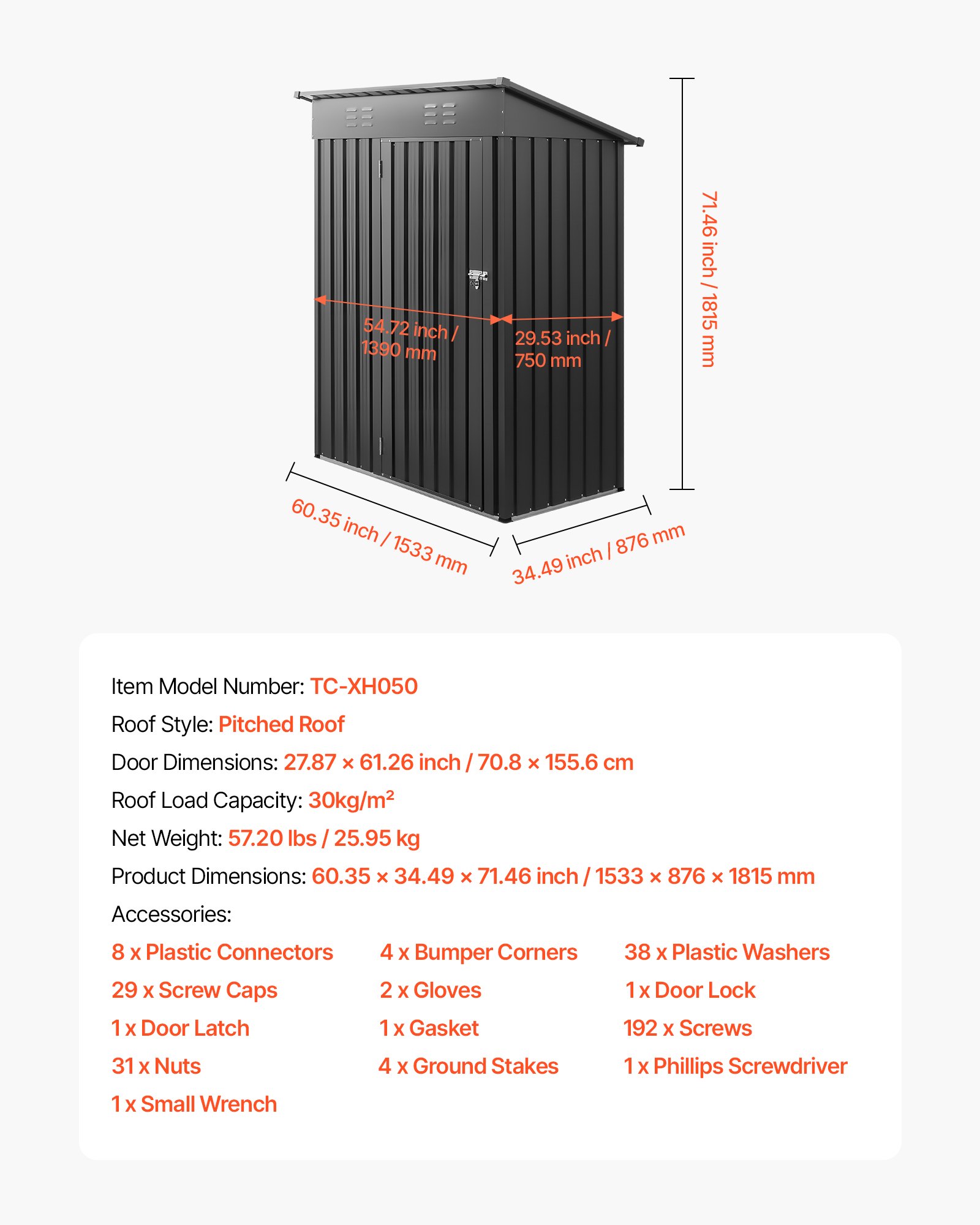 VEVOR Cobertizo Metálico para Herramientas, Caseta de Almacenamiento Exterior 1533 x 876 x 1815 mm con Puerta con Cerradura y 2 Ranuras de Ventilación, para Guardar Herramientas, Bicicletas, Gris