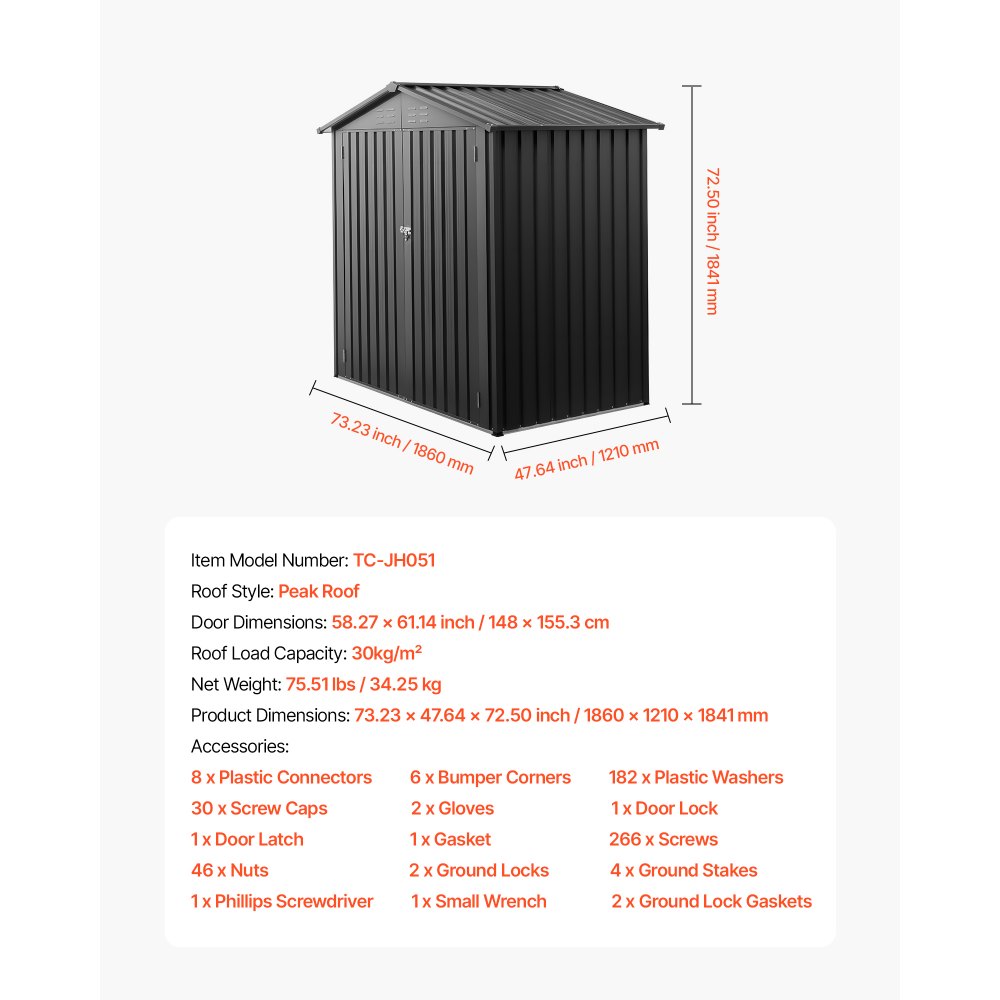 VEVOR Cobertizo Metálico de Herramientas, Cobertizo de Jardín con Techo Inclinado 1860x1210x1841 mm con Puerta con Cerradura y 4 Ranuras de Ventilación, para Guardar Herramientas, Bicicletas, Gris