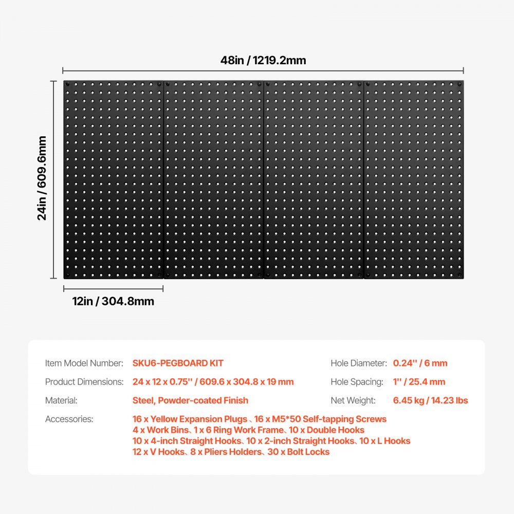VEVOR Paneles Perforados de Metal de 609,6 x 304,8 x 19 mm 4 Paneles, Organizador de Pared Resistente con Accesorios, para Sala de Estar, Almacenamiento de Herramientas, Sala de Manualidades, Negro