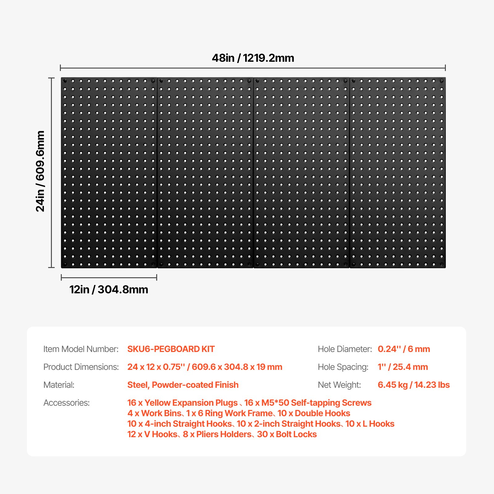 VEVOR Paneles Perforados de Metal de 609,6 x 304,8 x 19 mm 4 Paneles, Organizador de Pared Resistente con Accesorios, para Sala de Estar, Almacenamiento de Herramientas, Sala de Manualidades, Negro