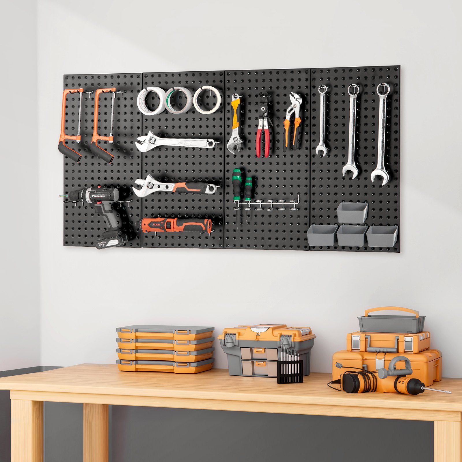 VEVOR Paneles Perforados de Metal de 609,6 x 304,8 x 19 mm 4 Paneles, Organizador de Pared Resistente con Accesorios, para Sala de Estar, Almacenamiento de Herramientas, Sala de Manualidades, Negro