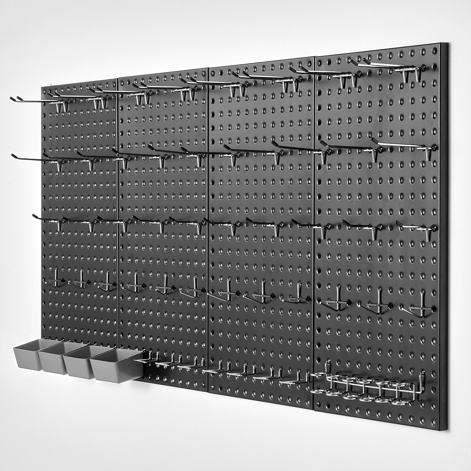 VEVOR Paneles Perforados de Metal de 609,6 x 304,8 x 19 mm 4 Paneles, Organizador de Pared Resistente con Accesorios, para Sala de Estar, Almacenamiento de Herramientas, Sala de Manualidades, Negro