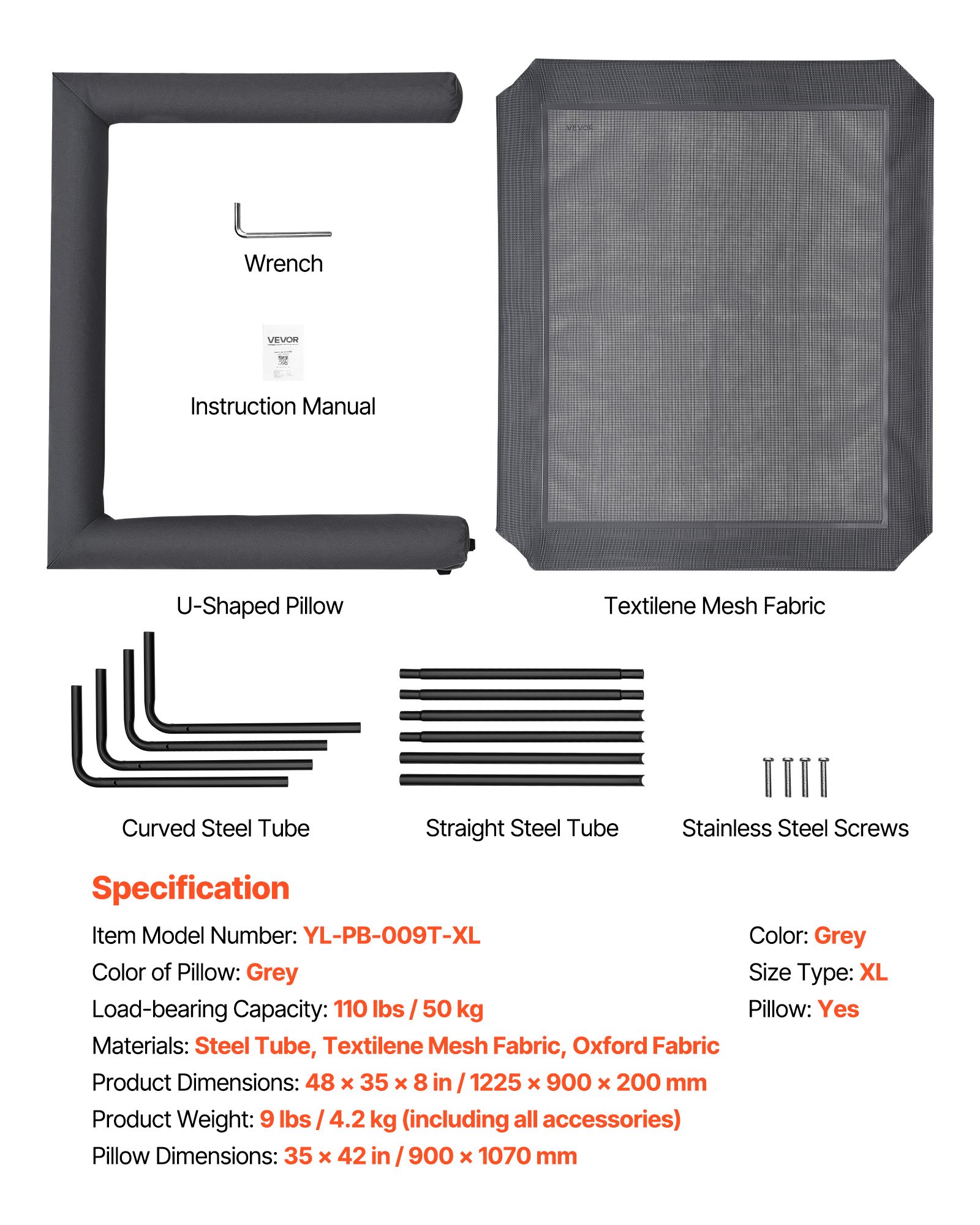 VEVOR Elevated Dog Bed for Large Dogs, Portable Raised Dog Cot with Washable Pillow, Indoor & Outdoor Pet Cooling Raised Hammock Bed with Steel Metal Frame and Breathable Teslin Mesh, XL, Gray