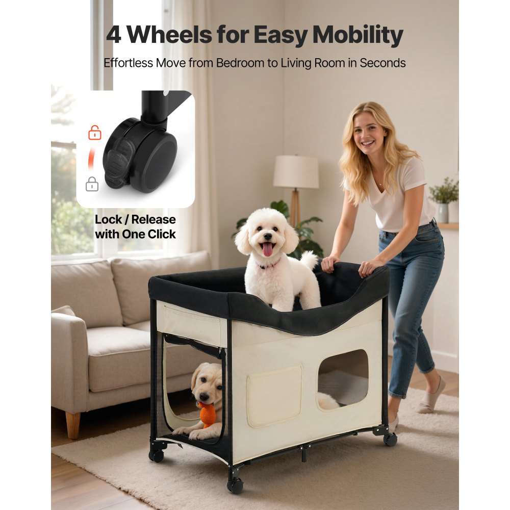 VEVOR Elevated Lounge Pet Bed, Foldable Bunk Dog Bed with 600D Oxford Cloth and Dutch Velvet, Portable Raised Cot with Wheels, Side Storage Bags, and Carry Bag for Cats & Dogs, L, Beige