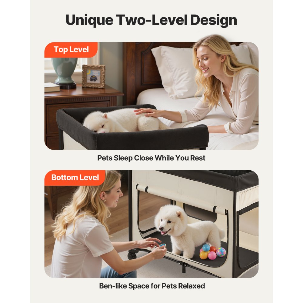 VEVOR Cama Elevada para Perros 1020x590x875 mm Litera Plegable para Perros de 2 Niveles con Tela Oxford 600D y Terciopelo Holandés Carga de 45 kg con Ruedas y Bolsa de Transporte, Talla XL, Beige