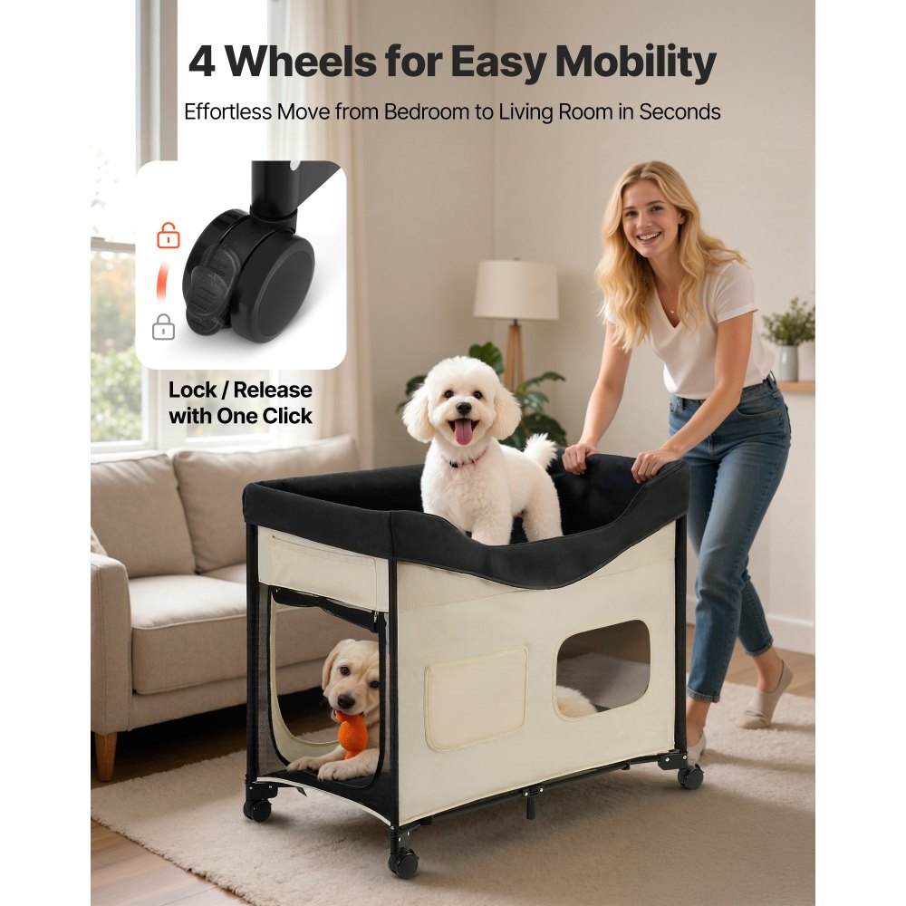 VEVOR Cama Elevada para Perros 1020x590x875 mm Litera Plegable para Perros de 2 Niveles con Tela Oxford 600D y Terciopelo Holandés Carga de 45 kg con Ruedas y Bolsa de Transporte, Talla XL, Beige