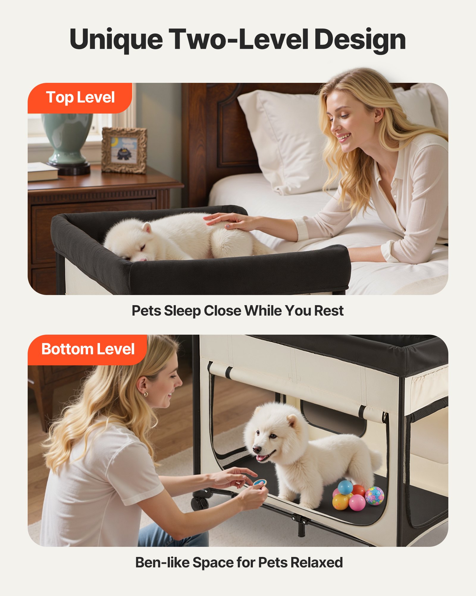 VEVOR Cama Elevada para Perros 1020x590x875 mm Litera Plegable para Perros de 2 Niveles con Tela Oxford 600D y Terciopelo Holandés Carga de 45 kg con Ruedas y Bolsa de Transporte, Talla XL, Beige