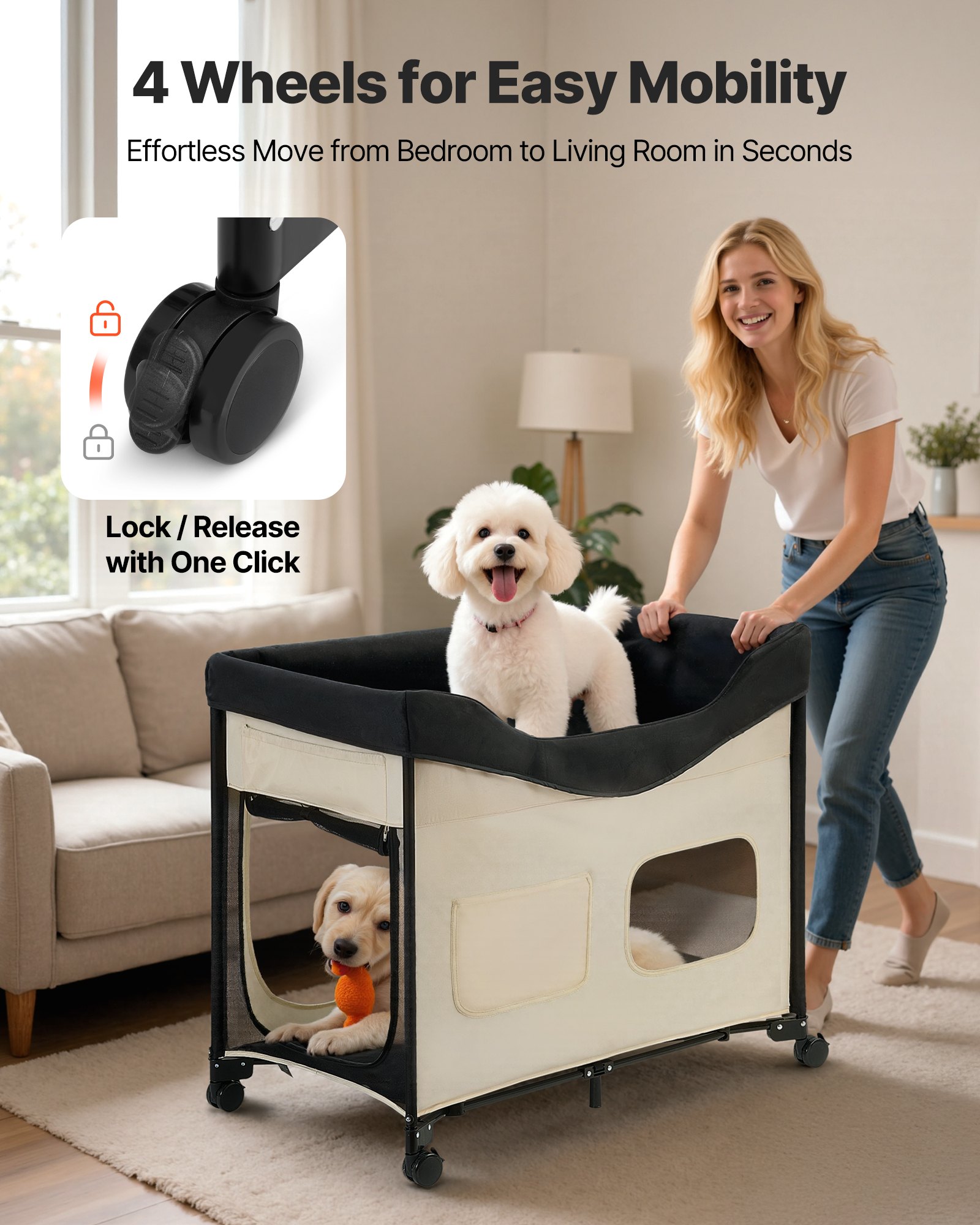 VEVOR Cama Elevada para Perros 1020x590x875 mm Litera Plegable para Perros de 2 Niveles con Tela Oxford 600D y Terciopelo Holandés Carga de 45 kg con Ruedas y Bolsa de Transporte, Talla XL, Beige