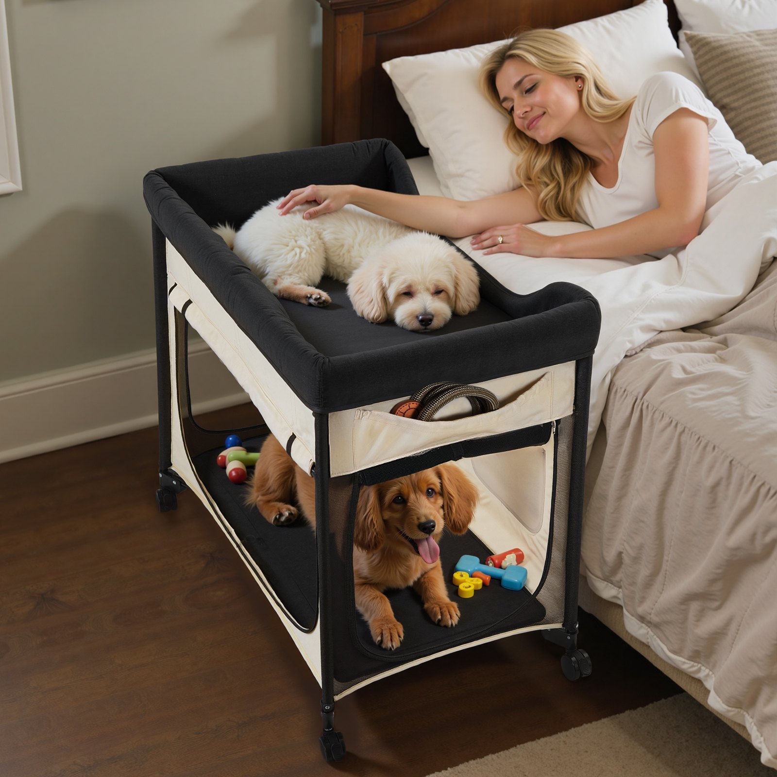 VEVOR Cama Elevada para Perros 1020x590x875 mm Litera Plegable para Perros de 2 Niveles con Tela Oxford 600D y Terciopelo Holandés Carga de 45 kg con Ruedas y Bolsa de Transporte, Talla XL, Beige
