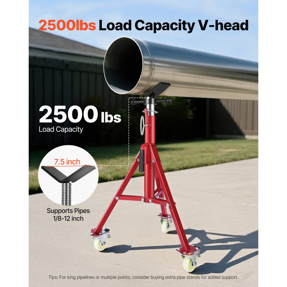 VEVOR Soporte de Tubería Capacidad del Tubo 0,32-30,48 cm Soporte para Tubería Plegable Cabeza V Altura 71-131 cm Capacidad de Carga 400 kg Soporte Alto de Tubo para Roscado Corte de Orificio Ranurado