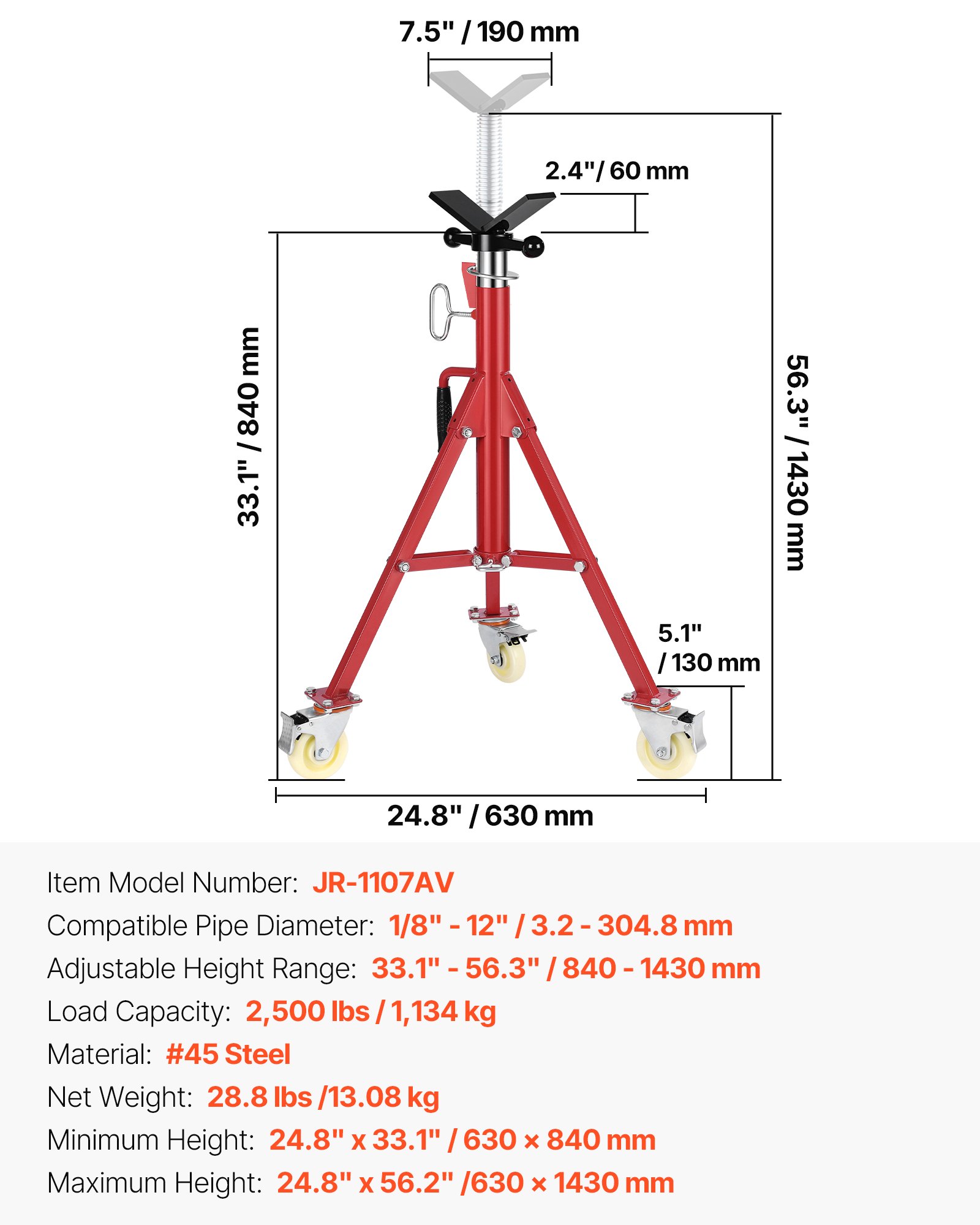 VEVOR Soporte de Tubería Capacidad del Tubo 0,32-30,48 cm Soporte para Tubería Plegable Cabeza V Altura 71-131 cm Capacidad de Carga 400 kg Soporte Alto de Tubo para Roscado Corte de Orificio Ranurado