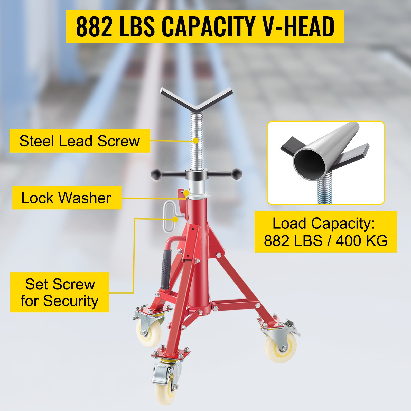 VEVOR Soporte de Tubería, Capacidad del Tubo 0,32 - 30,48 cm Soporte para Tubería Plegable Cabeza V Altura 60 - 108 cm Capacidad 400 kg Soporte Alto de Tubo para Roscado Corte de Orificio Ranurado