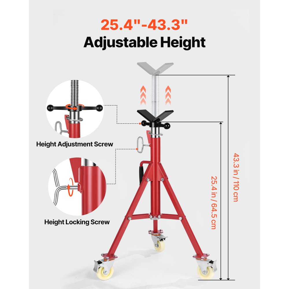 VEVOR Soporte de Tubería, Capacidad del Tubo 0.32-30.48 cm Soporte para Tubería Plegable Cabeza V Altura 50.5-93.5 cm Capacidad 400 kg Soporte Alto de Tubo para Roscado Corte de Orificio Ranurado
