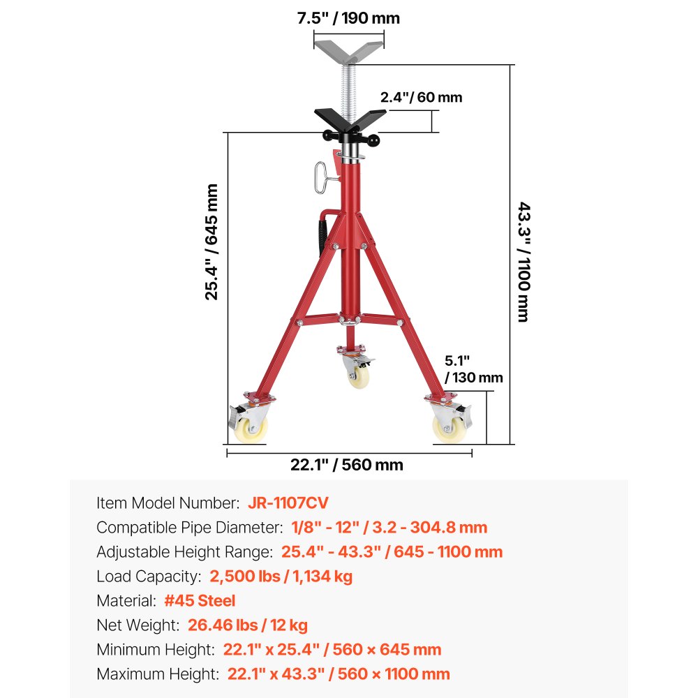 VEVOR Soporte de Tubería, Capacidad del Tubo 0.32-30.48 cm Soporte para Tubería Plegable Cabeza V Altura 50.5-93.5 cm Capacidad 400 kg Soporte Alto de Tubo para Roscado Corte de Orificio Ranurado