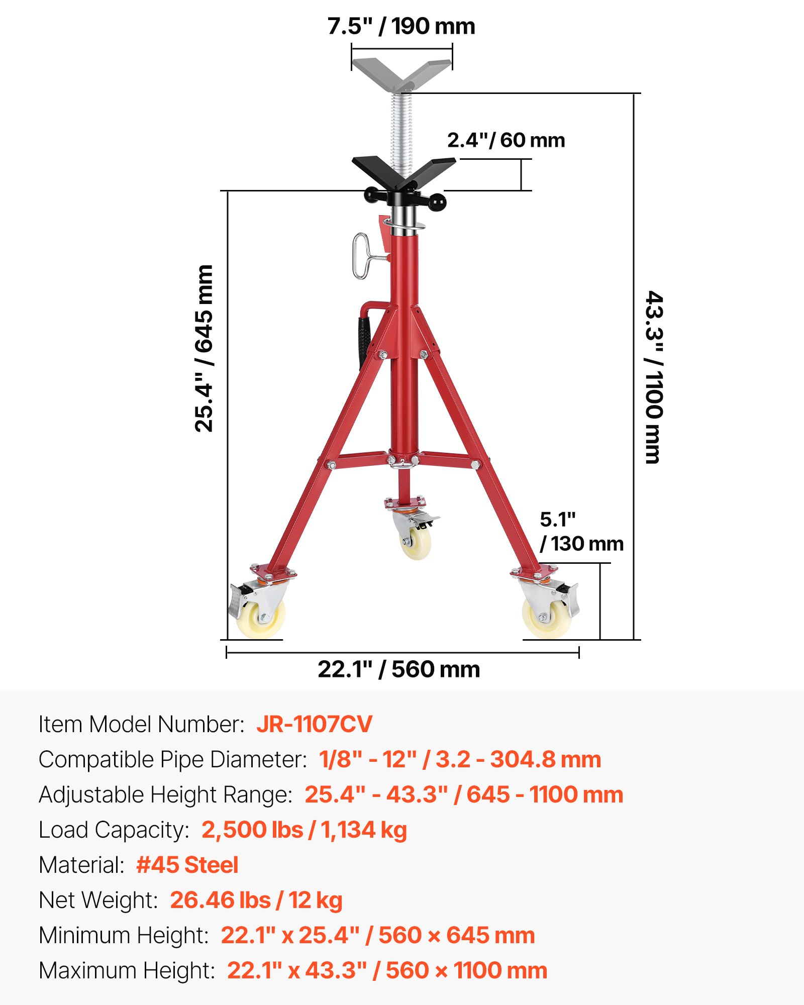 VEVOR Soporte de Tubería, Capacidad del Tubo 0.32-30.48 cm Soporte para Tubería Plegable Cabeza V Altura 50.5-93.5 cm Capacidad 400 kg Soporte Alto de Tubo para Roscado Corte de Orificio Ranurado