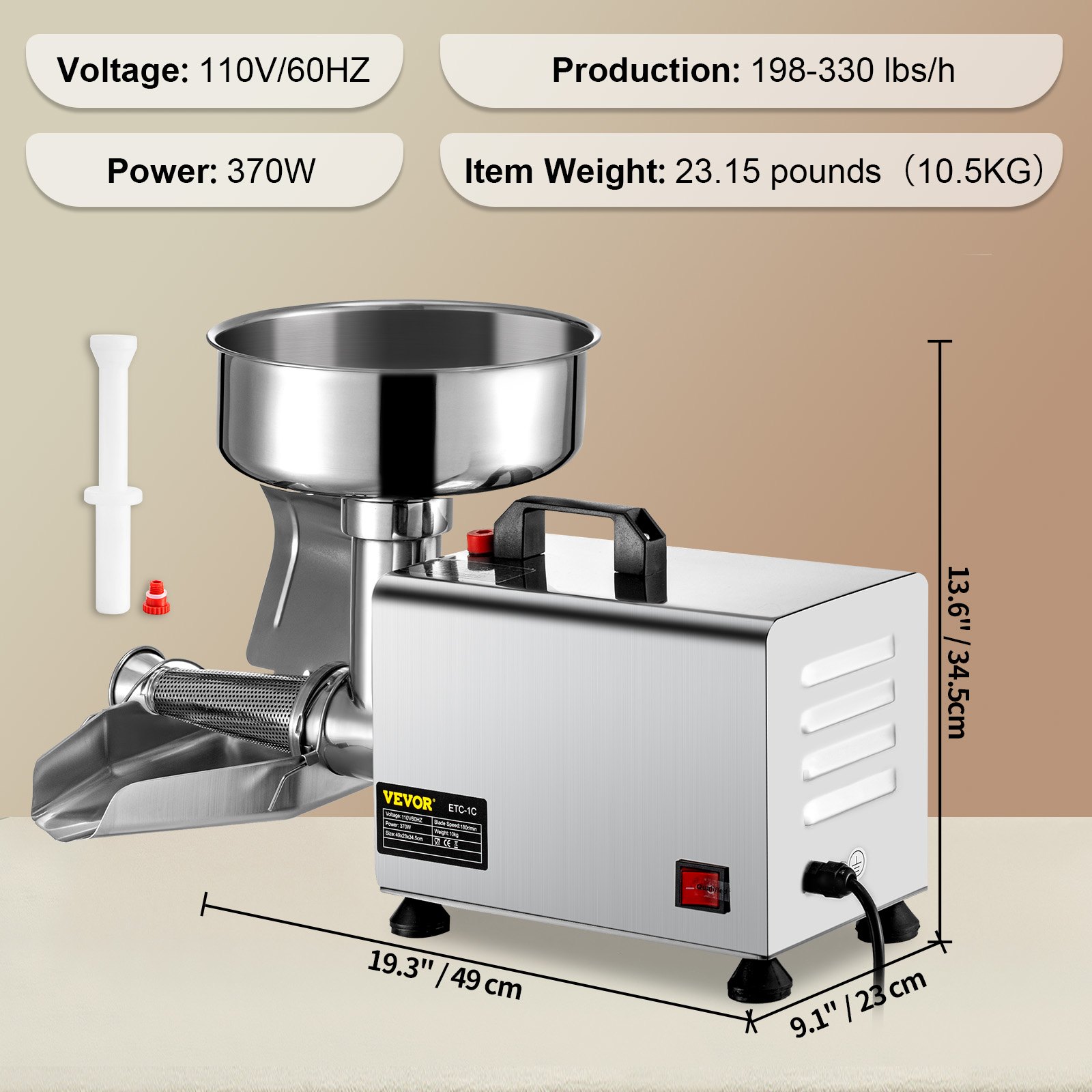 VEVOR Exprimidor ETC-1C Filtro Eléctrico para Tomates de Acero Inoxidable 370W Exprimidor Eléctricode para Salsa de Acero Inoxidable 90-160kg/h para Hacer Ketchup Salsa de Fresa Salsa de Arándano