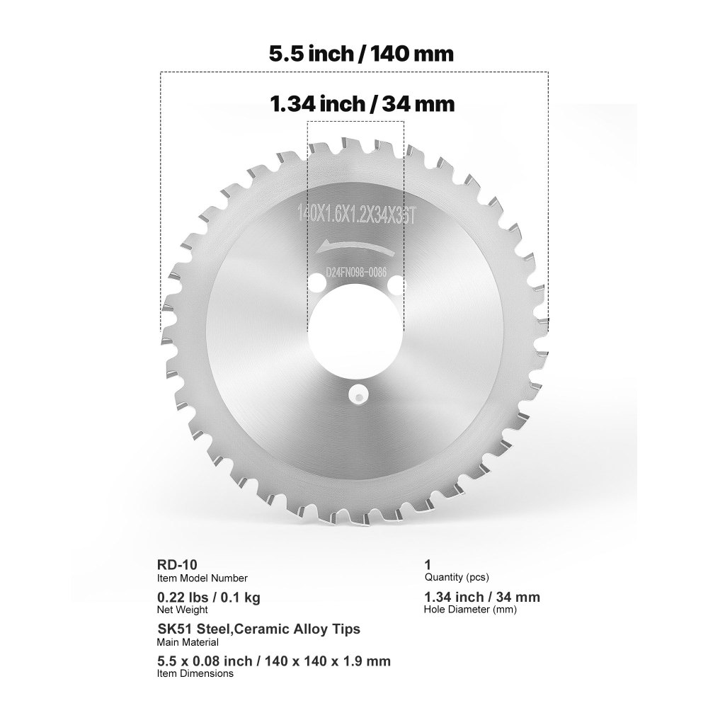 VEVOR Cuchilla de Repuesto para Cortadora Eléctrica de Varillas de Refuerzo, 36 Dientes, Acero Tratado Térmicamente de Alta Dureza, Orificio 34 mm, Punta de Aleación Cerámica, 140 x 140 x 1,9 mm