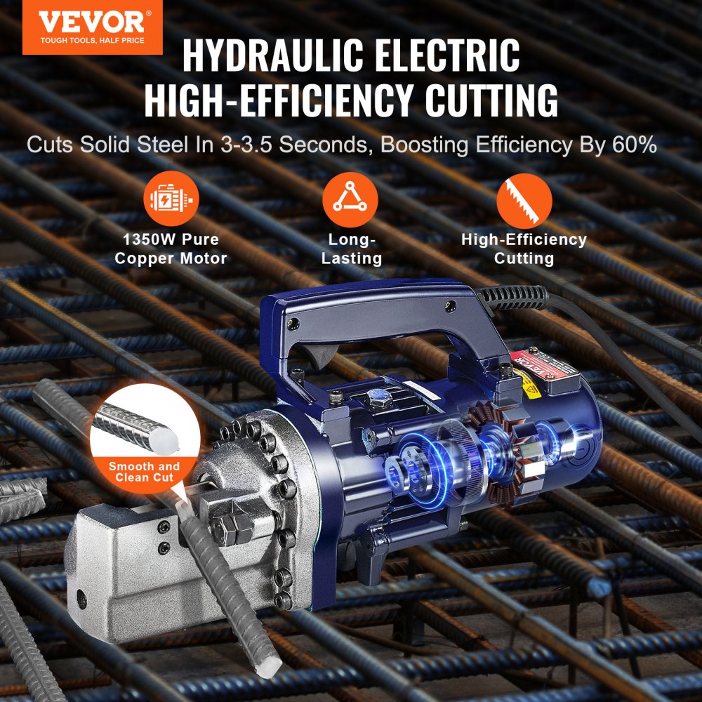 VEVOR Cortadora de Varillas de Refuerzo Hidráulica Eléctrica, 1350 W, hasta 4-22 mm en 3,5 Segundos, Acero Alta Potencia con Estuche de Herramientas y Lata de Aceite, Negro y Azul, 420 x 125 x 230 mm