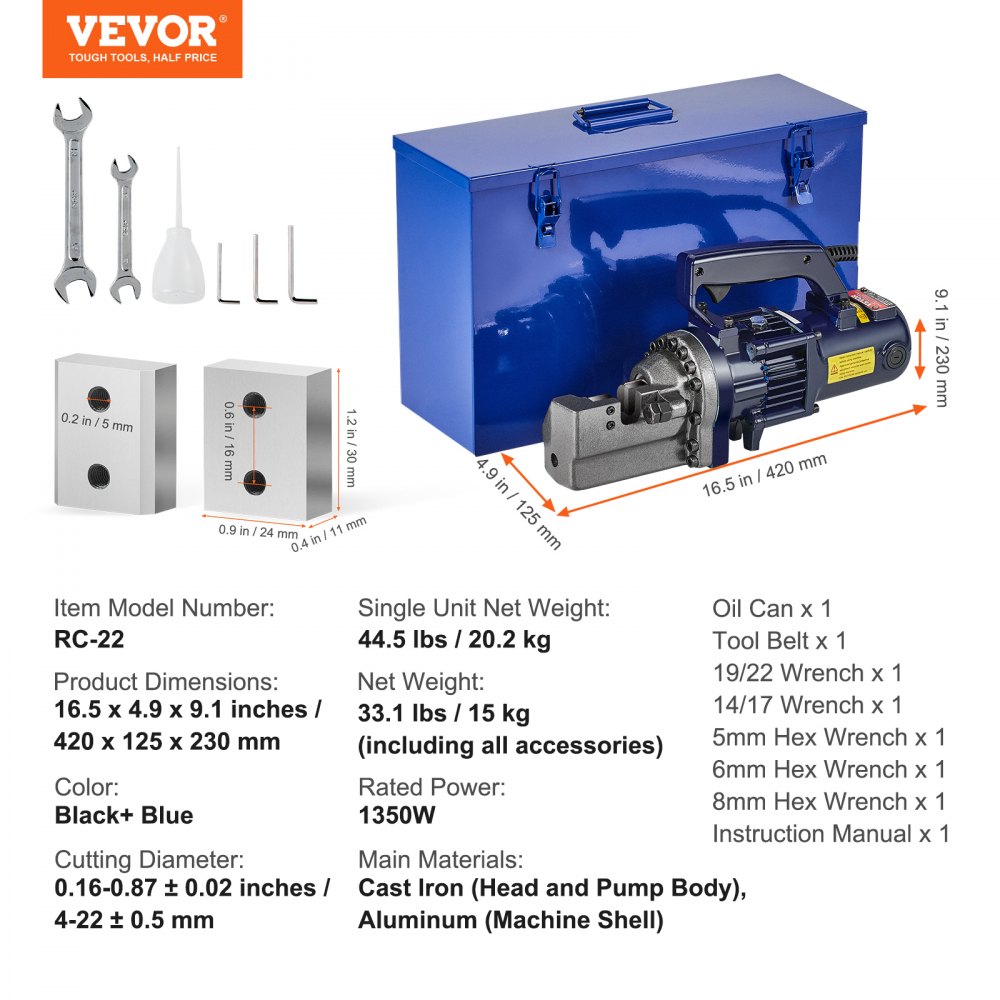 VEVOR Cortadora de Varillas de Refuerzo Hidráulica Eléctrica, 1350 W, hasta 4-22 mm en 3,5 Segundos, Acero Alta Potencia con Estuche de Herramientas y Lata de Aceite, Negro y Azul, 420 x 125 x 230 mm