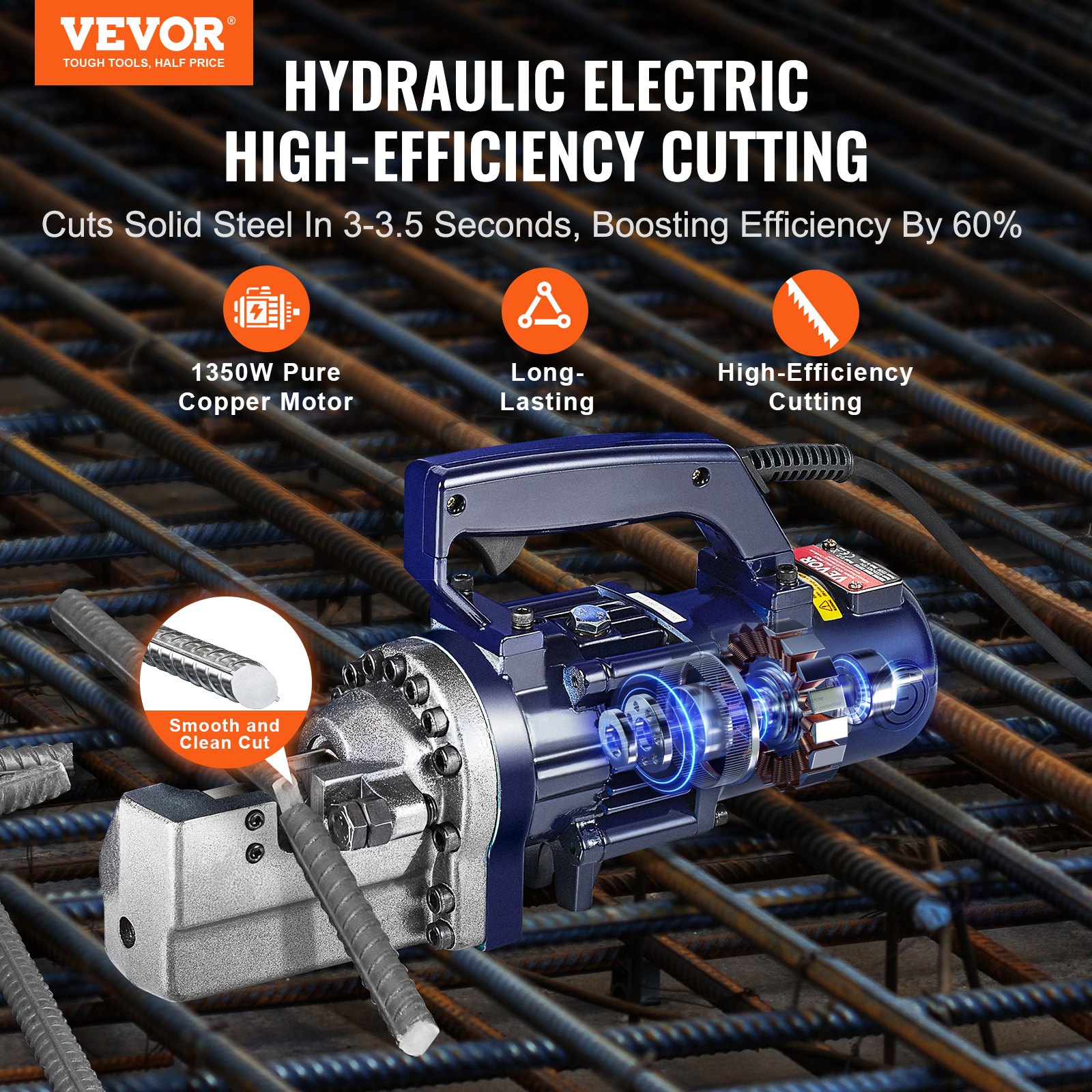VEVOR Cortadora de Varillas de Refuerzo Hidráulica Eléctrica, 1350 W, hasta 4-22 mm en 3,5 Segundos, Acero Alta Potencia con Estuche de Herramientas y Lata de Aceite, Negro y Azul, 420 x 125 x 230 mm