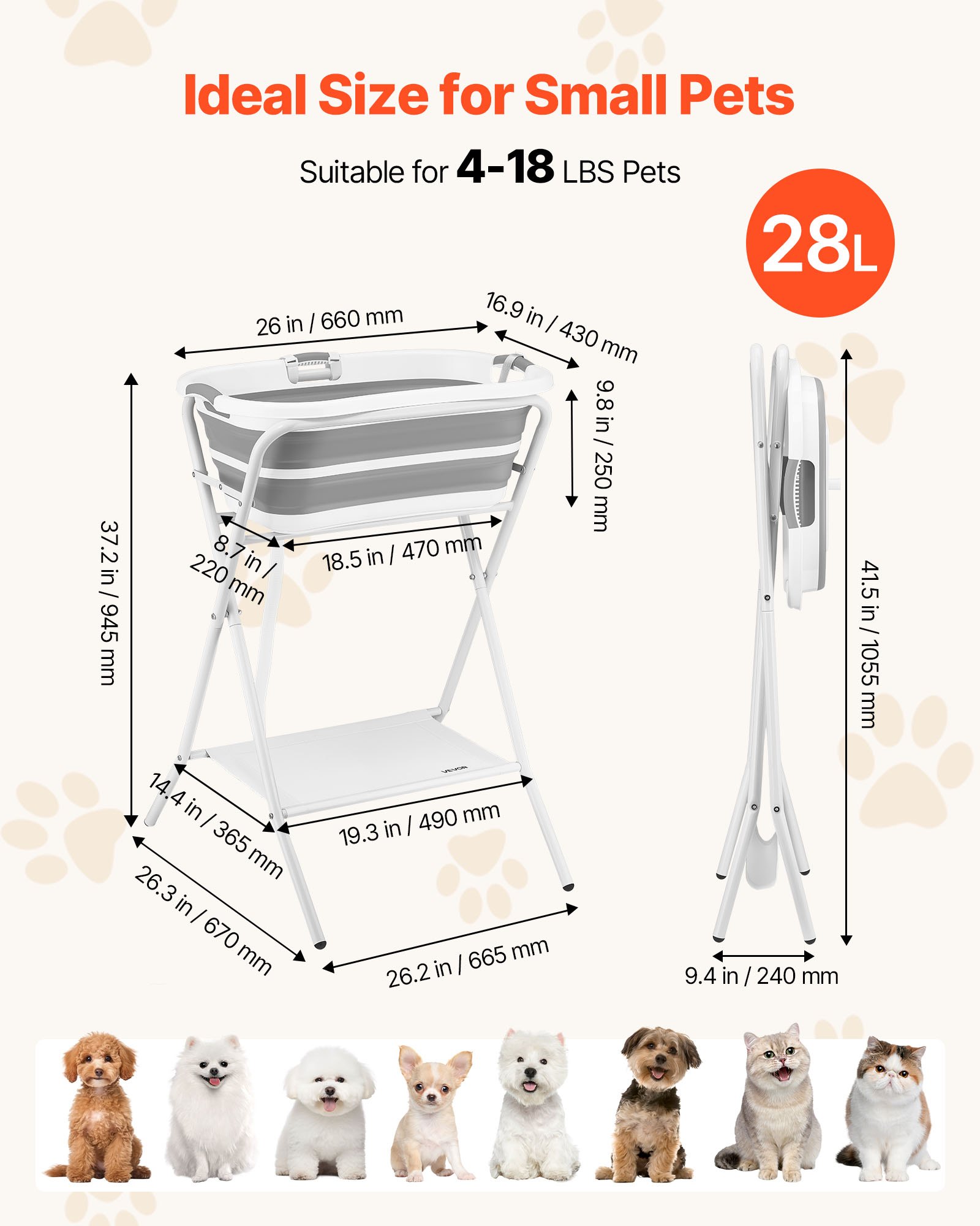 VEVOR Bañera Elevada para Perros Gatos Pequeños con Soporte, Bañera Plegable Portátil 2 en 1 para Mascotas de 1,8 a 8 kg, Estación de Baño con Estructura en X, Desagüe con Manguera, Uso en Mesa Suelo