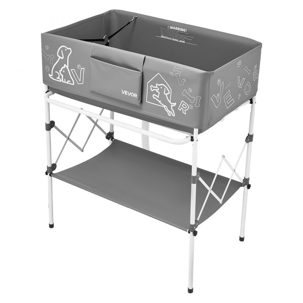 VEVOR Bañera Elevada para Perros Gatos con Soporte, Bañera Plegable Portátil para Mascotas Pequeñas y Medianas hasta 30 kg, Estación de Baño con Estructura en X, Desagüe, Estante y Barra para Toallas
