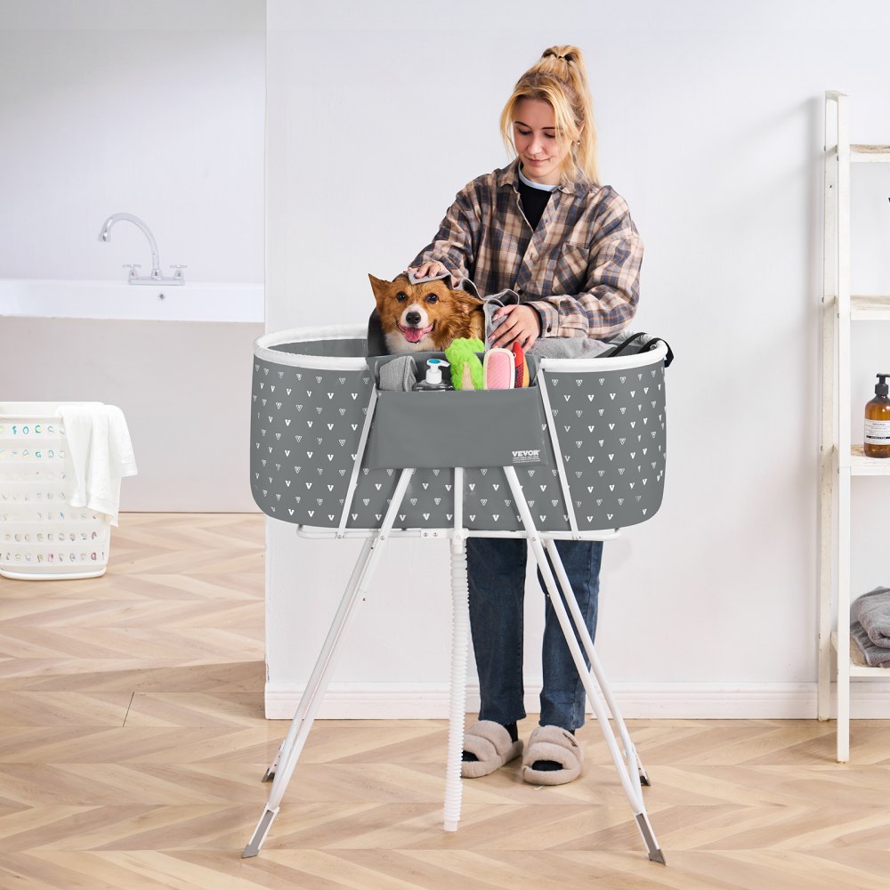 VEVOR Bañera Portátil para Perros, Elevada y Plegable, que Ahorra Espacio con Drenaje Eficiente, para Lavar y Asear Perros y Gatos Pequeños y Medianos Interiores y Exteriores, Gris, 850 x 470 x 980 mm