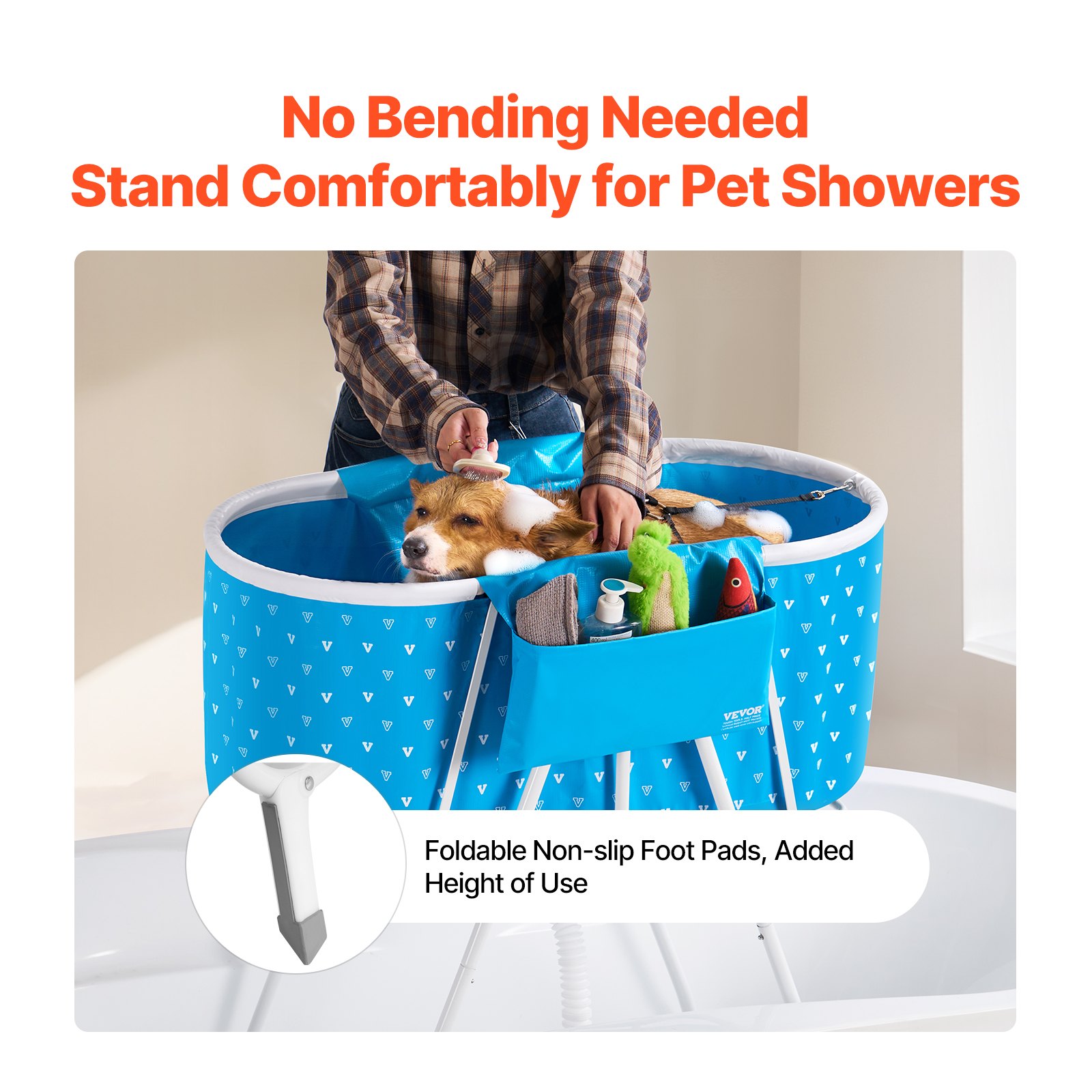 VEVOR Bañera Portátil para Perros, Elevada y Plegable, que Ahorra Espacio Drenaje Rápido, para Lavar y Asear Perros y Gatos Pequeños y Medianos Interiores y Exteriores, Azul Claro, 850 x 470 x 980 mm