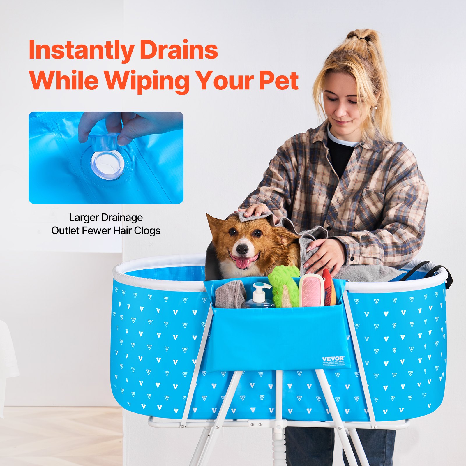 VEVOR Bañera Portátil para Perros, Elevada y Plegable, que Ahorra Espacio Drenaje Rápido, para Lavar y Asear Perros y Gatos Pequeños y Medianos Interiores y Exteriores, Azul Claro, 850 x 470 x 980 mm